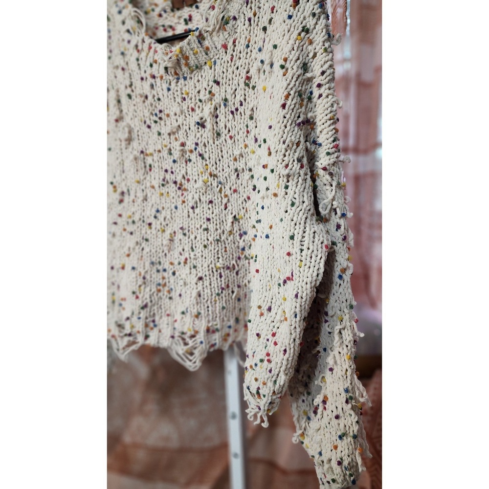 POL Distressed Open-Knit Colorful Pom Pom Ivory Cotton Pullover Sweater - Picture 4 of 4
